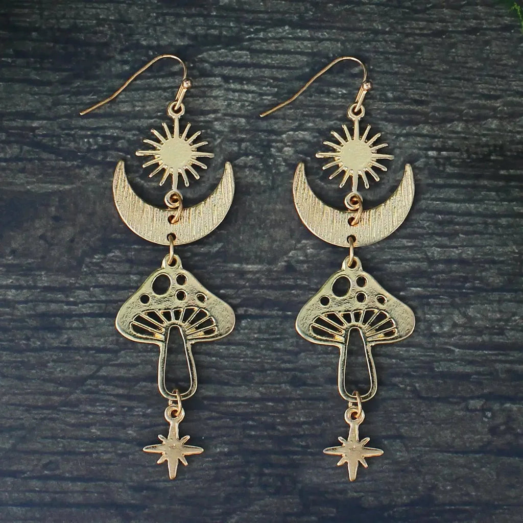 Celestial Magical Mushroom Gold Hook Earrings | 3" x 1" Gold Earrings